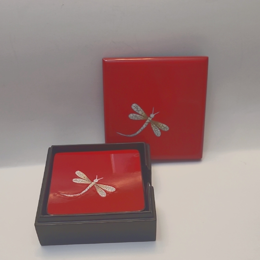 Elegant Red Dragonfly Coaster Set